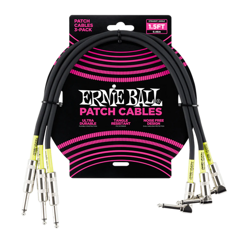 Ernie Ball 1.5ft Angle/Straight Patch Cable in Black, 3-pack