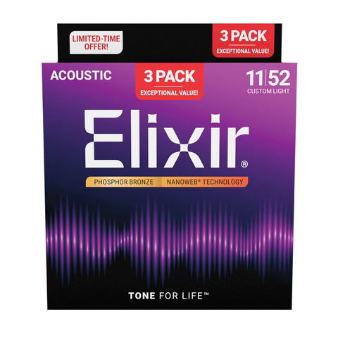 Elixir Nanoweb Phosphor Bronze Strings, 11-52 (3 For 2 Multipack) E16568