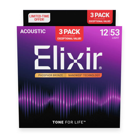 Elixir Nanoweb Phosphor Bronze Strings, 12-53 (3 For 2 Multipack) E16569