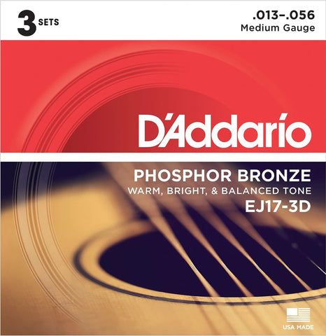 D'Addario EJ17 Phosphor Bronze Acoustic Guitar Strings, Medium, 13-56 (3- PACK)