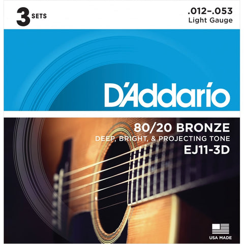 D'addario EJ11 12-53 Light, 80/20 Bronze - 3 Pack
