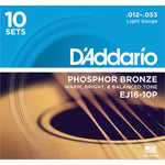 D'Addario EJ16 Phosphor Bronze Acoustic Guitar Strings 12-53 Light, 10-Pack