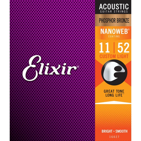 Elixir Nanoweb Phosphor Bronze Acoustic Guitar Strings 11-52 Custom Light