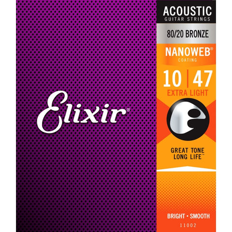 Elixir Nanoweb 80/20 Bronze Acoustic Guitar Strings 10-47 Extra Light Gauge (B-STOCK)